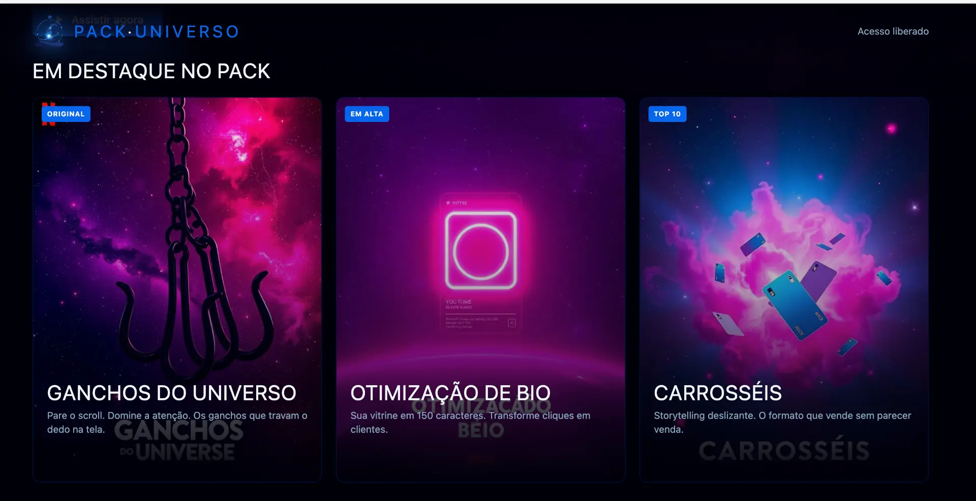 Pack Universo: Ganchos do Universo, Otimização de Bio e Carrosséis